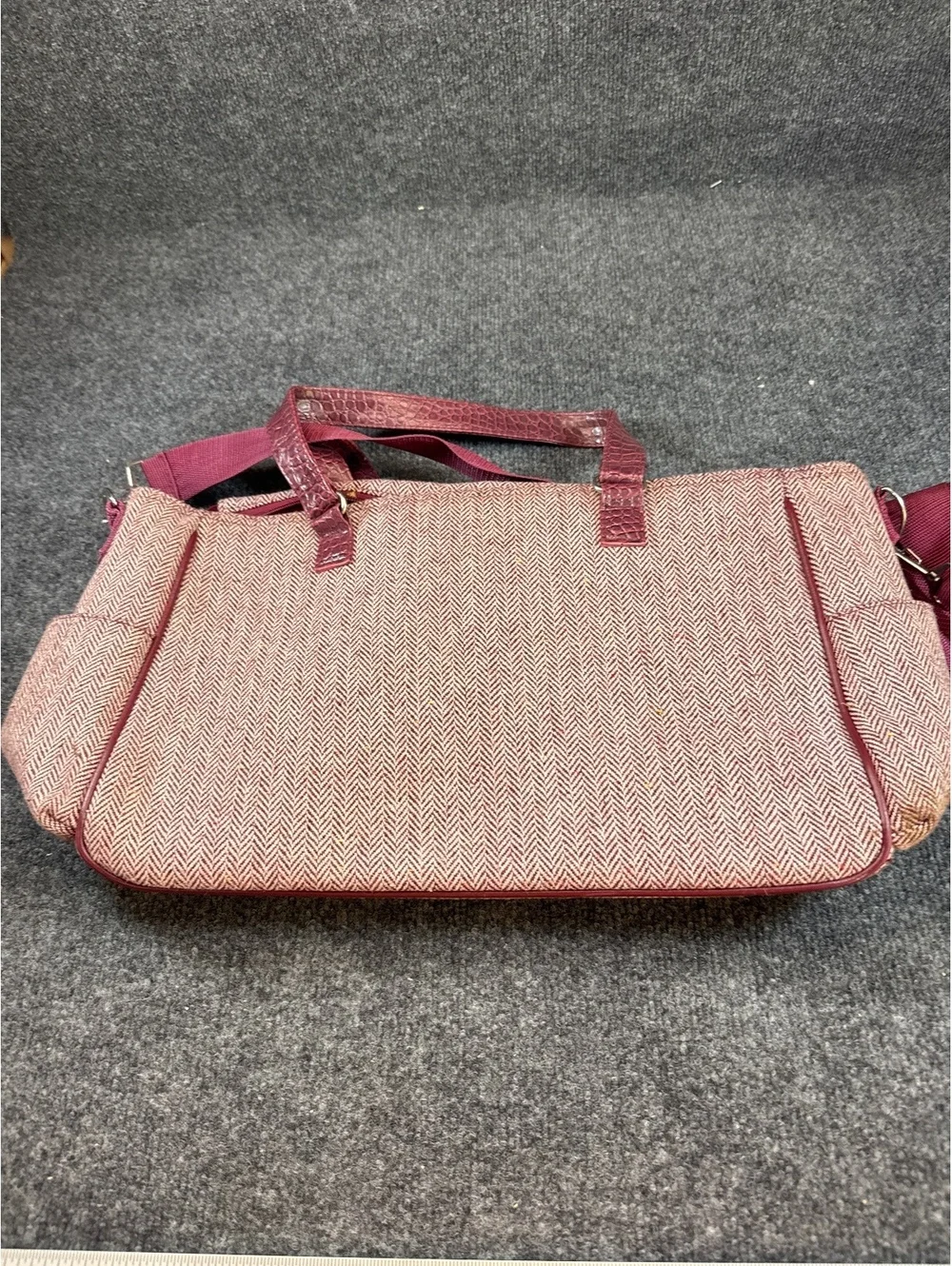 Womens Red Herringbone Weekender Duffel Bag Carry On Travel Shoulder Tote